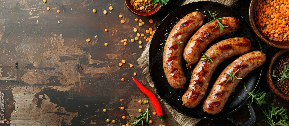 Poster rustic flat lay of grilled sausages on a dark plate surrounded by lentils and herbs with earthy tone