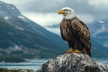 Majestic Bald Eagle Perched on Rock in Alaskan Wilderness Landscape