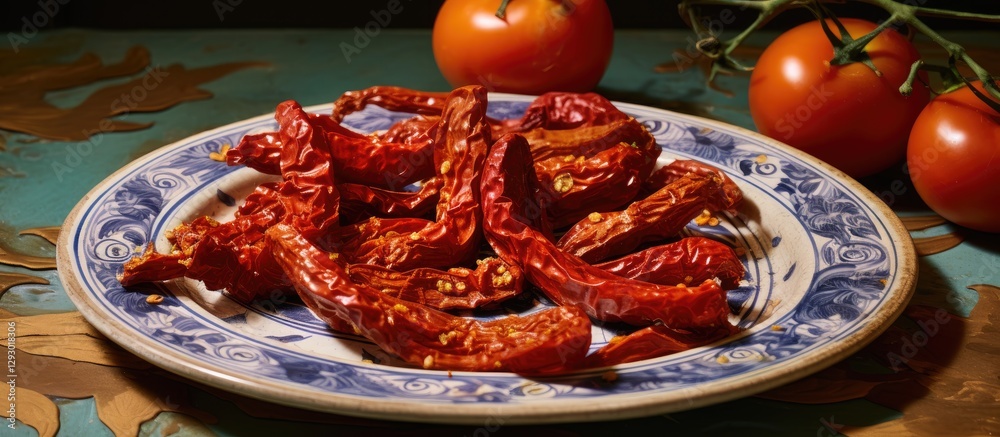 Poster plate featuring vibrant dried tomatoes in the foreground with rustic blue and white patterns, comple