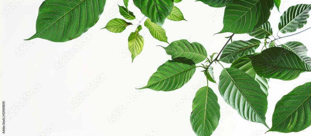 Poster vibrant green kratom leaves arranged diagonally from the top left on a clean white background with a