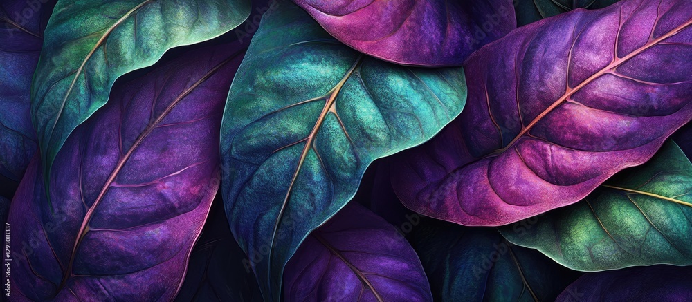 Poster vibrant close-up of lush leaves showcasing a blend of deep purples and rich greens with intricate te