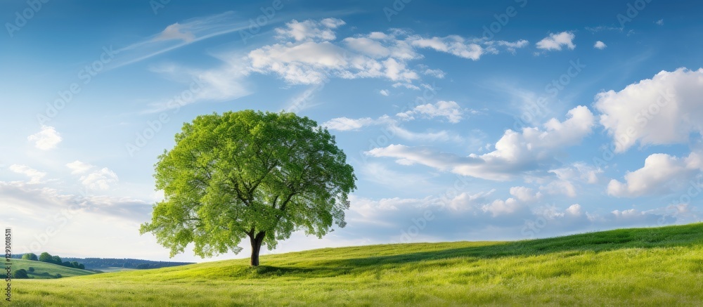 Poster lush green linden tree centered on a rolling hill in a vibrant summer meadow under a bright blue sky