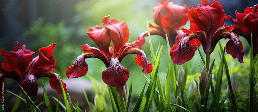Fototapete dark red irises blooming in vibrant green garden with soft sunlight filtering through, showcasing fr