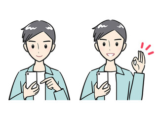 スマホを操作する　スマホを持ってOKサインをする　若い男性セット