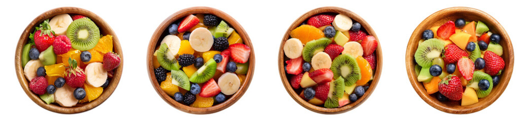 Obraz premium Fresh Fruit Salad in Wooden Bowl on Transparent Background