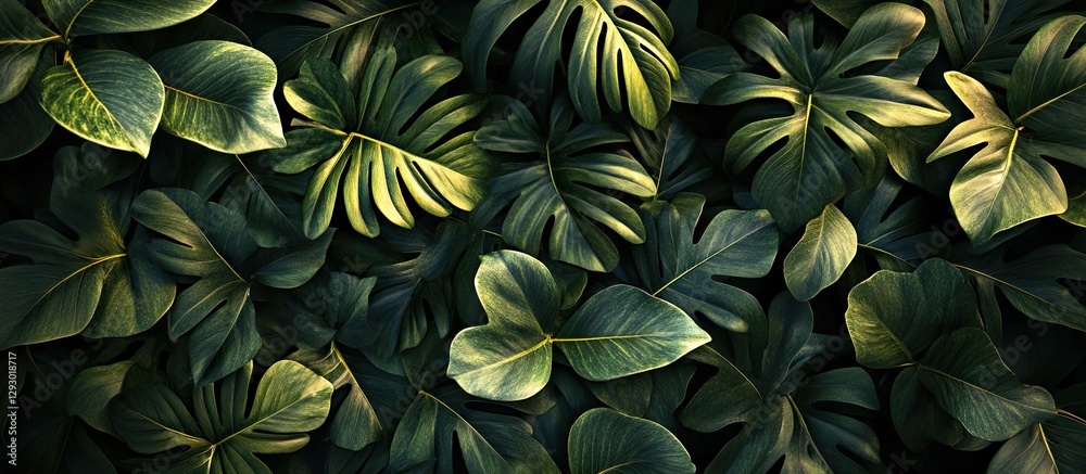 Poster lush dark green leaves overlapping in a tropical setting with soft sunlight illuminating textured su