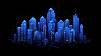 Blue futuristic city skyline at night, stars, website banner
