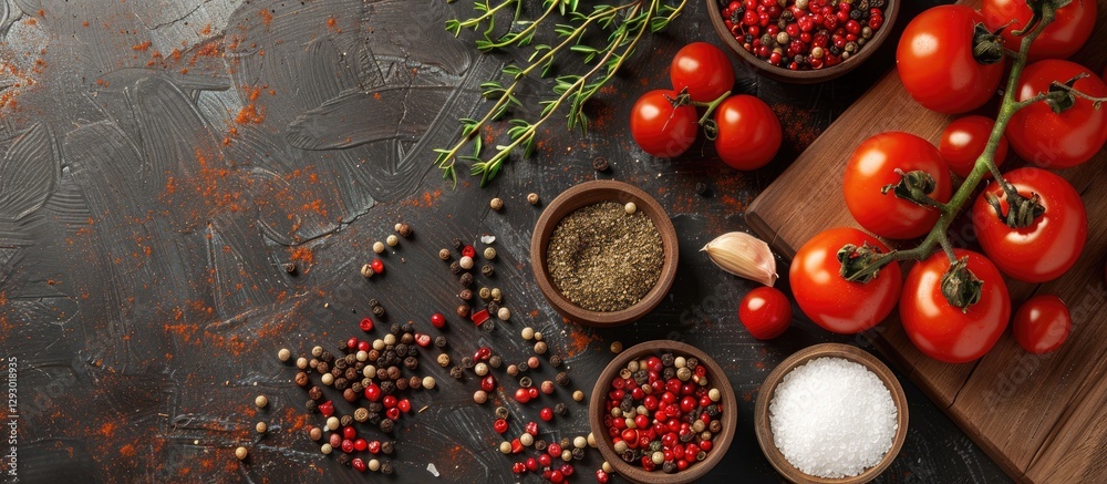 Poster Vibrant flat lay of fresh tomatoes assorted spices and herbs on a textured dark table with empty space for text arranged artfully across the image