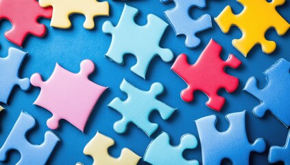 Colorful puzzle pieces scattered on a blue surface