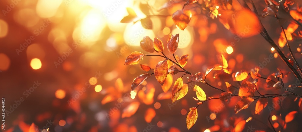Fototapete Autumn foliage close up with vibrant red and yellow leaves illuminated by warm sunlight, creating a bokeh effect in the background.