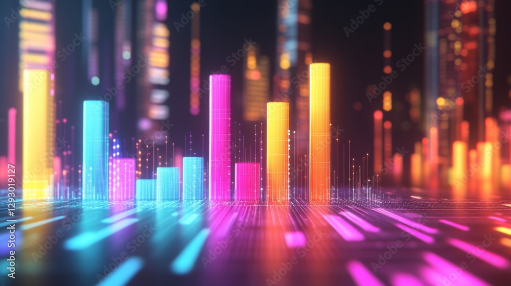 Fototapete a d bar chart in vibrant colors representing financial growth, with glowing data points and a futuri