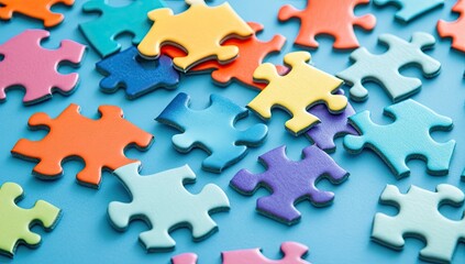 Colorful puzzle pieces scattered on a blue surface (1)
