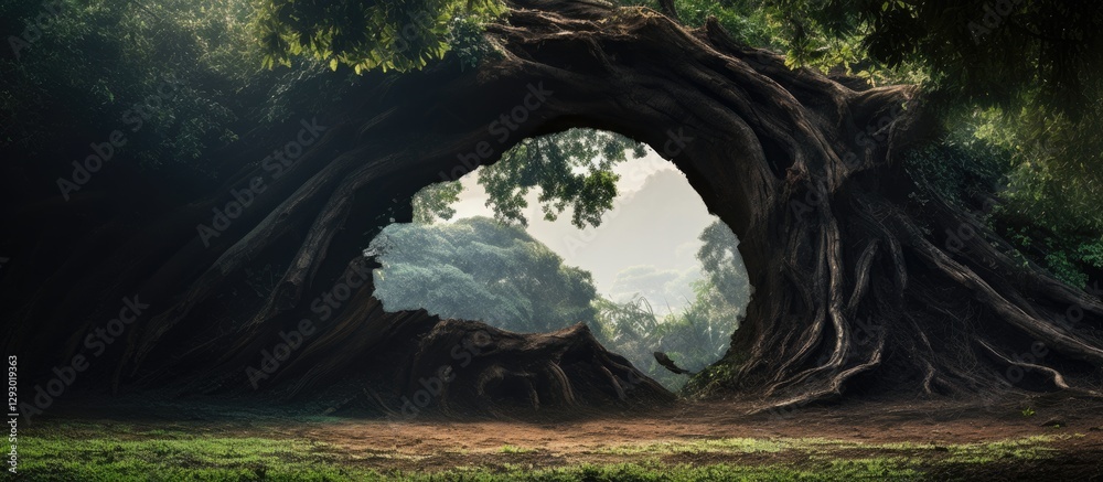 Poster Hollow tree struck by lightning surrounded by lush greenery and soft sunlight creating a serene atmosphere with ample copy space on a forest trail