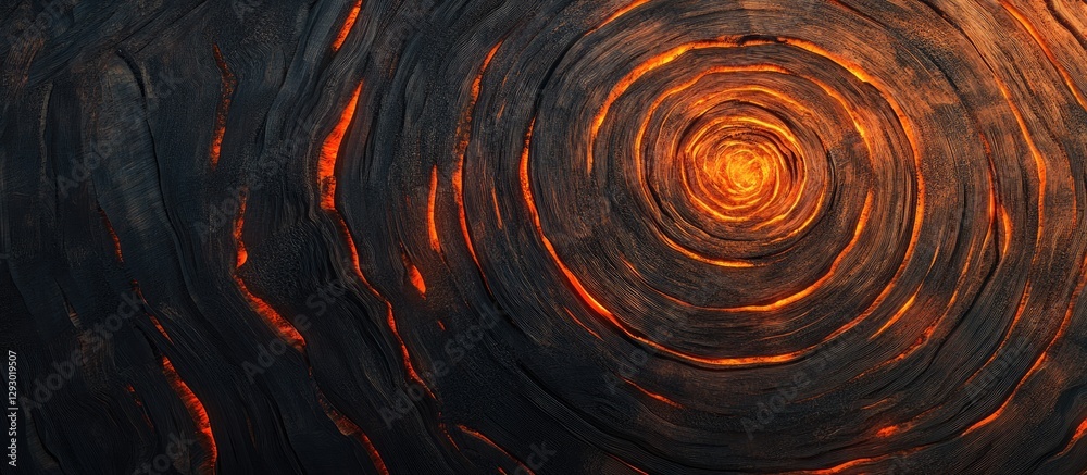 Fototapete fiery orange and dark black swirls creating a dynamic pattern with a radiant center, capturing an ab