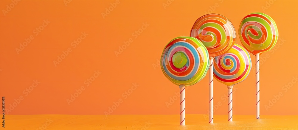 Poster brightly colored striped lollipops on sticks arranged on the right against a vibrant orange backdrop