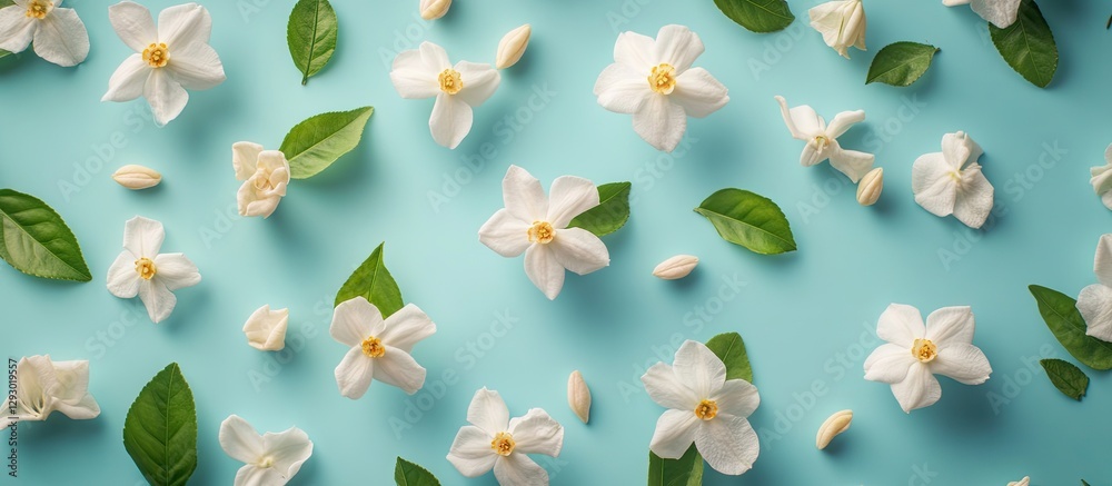 Poster white jasmine flowers with green leaves scattered on a soft blue background creating a serene and fr