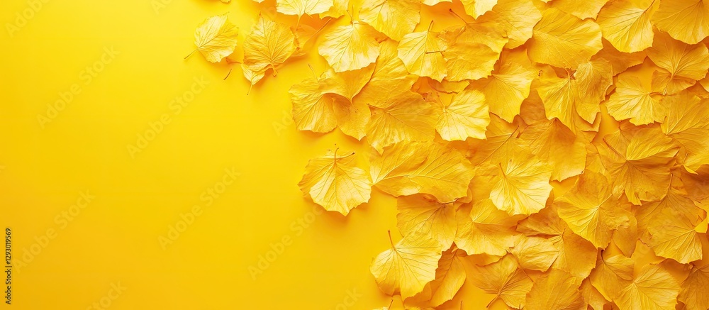 Poster panoramic autumn banner with scattered yellow maple leaves on vibrant yellow background creating a w