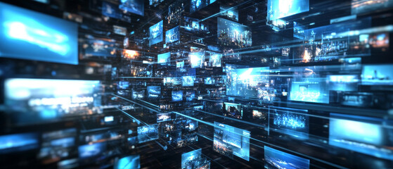 dynamic digital landscape filled with floating screens displaying various images and videos, creating sense of depth and motion