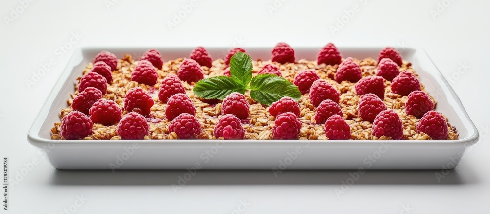 Poster Raspberry flapjacks with bright red raspberries on top arranged neatly in a white rectangular tray with a green mint leaf for garnish