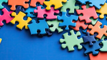 Colorful puzzle pieces scattered on blue surface
