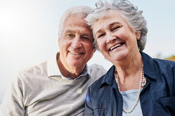Sky, elderly or happy couple in portrait on date in retirement with smile, husband and wife in...