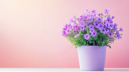 Fototapeta premium Blooming purple petunia flowers in pot on pink background with copy space