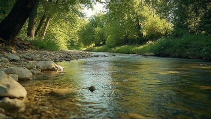 Tranquil River Stream: Sunlight Through the Trees


