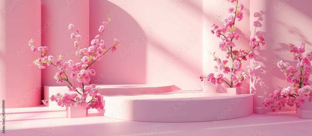Poster elegant pink podiums surrounded by blooming flowers against a soft pink backdrop with gentle shadows
