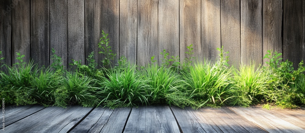 Leinwandbilder Lush green grass growing in vibrant patches against a rustic wooden wall with soft sunlight illuminating the scene creating a tranquil atmosphere.