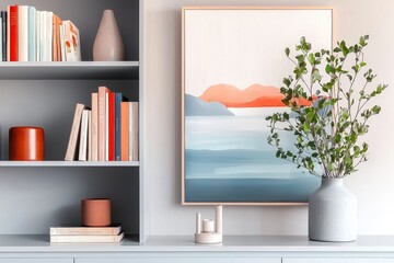 Bright Modern Home Office Backdrop With Artistic Wall Art, Fresh Plant, Cozy Book Shelves Creating Tranquil Atmosphere
