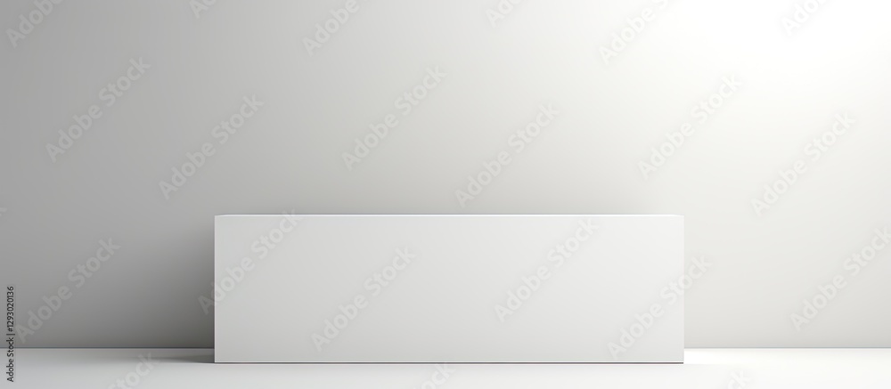Poster large rectangular white box on minimalistic light gray background with soft lighting highlighting th