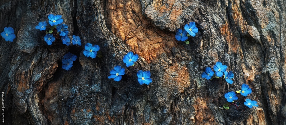 Poster textured tree bark background featuring vibrant blue flowers scattered across the surface, creating 