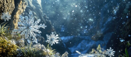 Obraz premium Snowflakes gracefully drifting in a tranquil cosmic atmosphere with shades of blue and silver against a dark space backdrop creating serenity