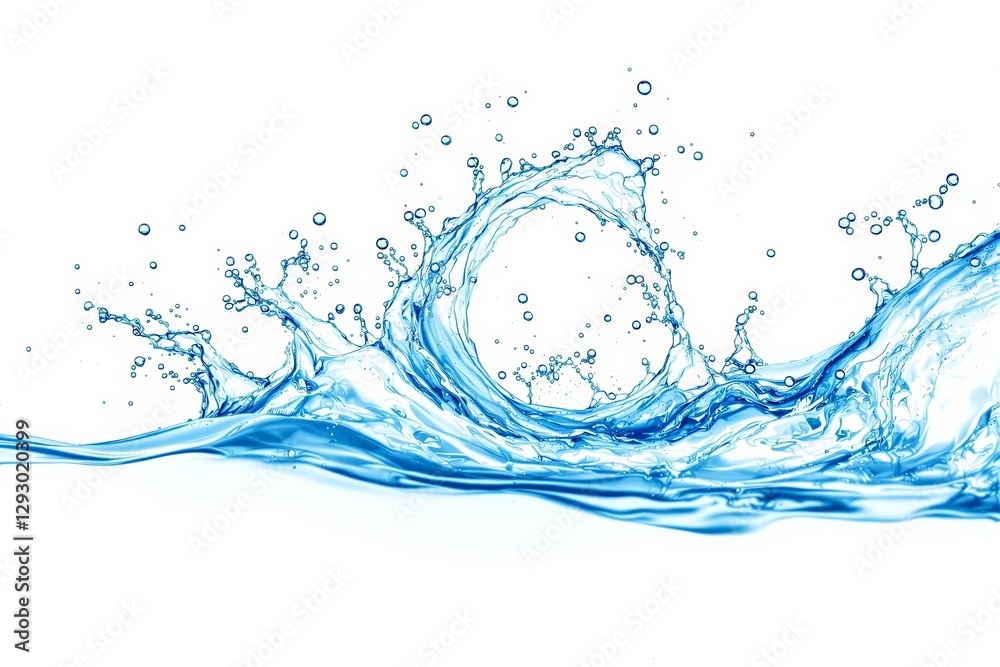 Poster abstract splash of blue water forming a circular shape on a white background.