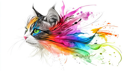 Colorful cat illustration with vibrant splashes of paint and artistic flair