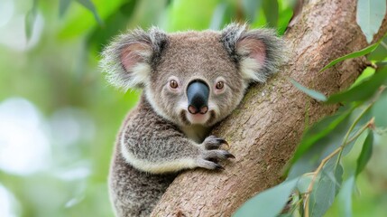Naklejka premium Cute koala clinging to eucalyptus tree, Australian wildlife