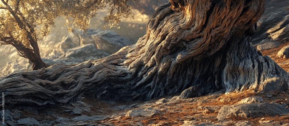 Poster ancient gnarled tree trunk with intricate roots on rocky ground illuminated by warm golden sunlight 