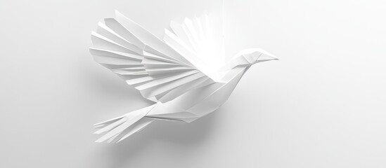Elegant white origami dove soaring against a seamless white background symbolizing peace and simplicity with soft shadows enhancing its form