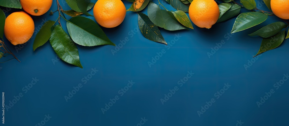 Aufkleber vibrant flat lay of fresh oranges and lush green leaves on a deep blue backdrop creating ample space