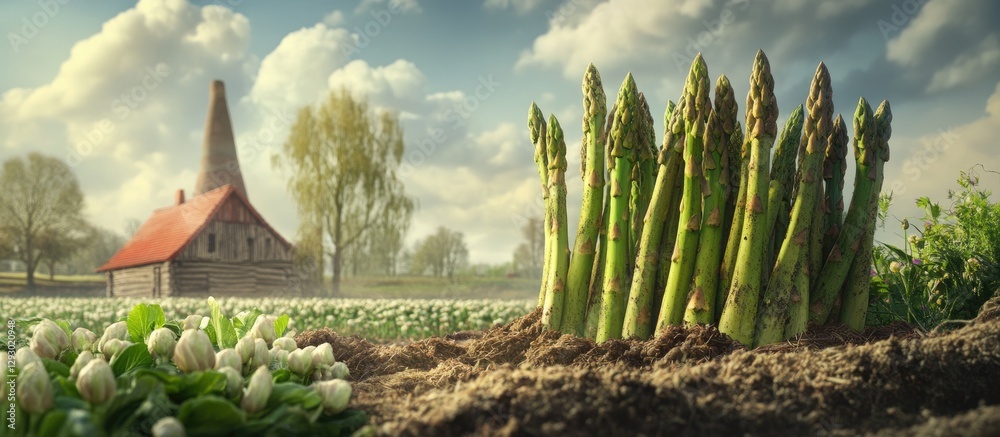 Poster fresh green asparagus spears emerging from rich soil in a rural farm setting with a rustic house and