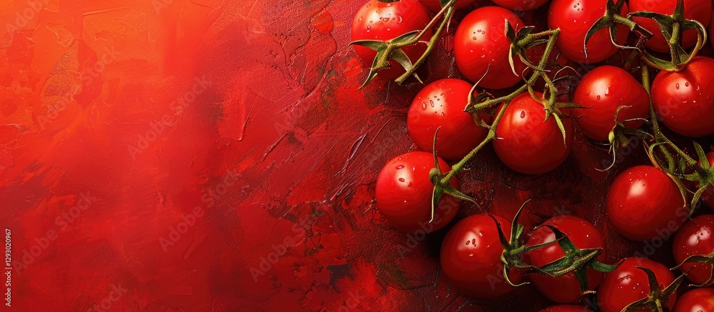 Poster Vibrant red mini tomatoes arranged on the left against a deep red textured background creating ample copy space on the right side
