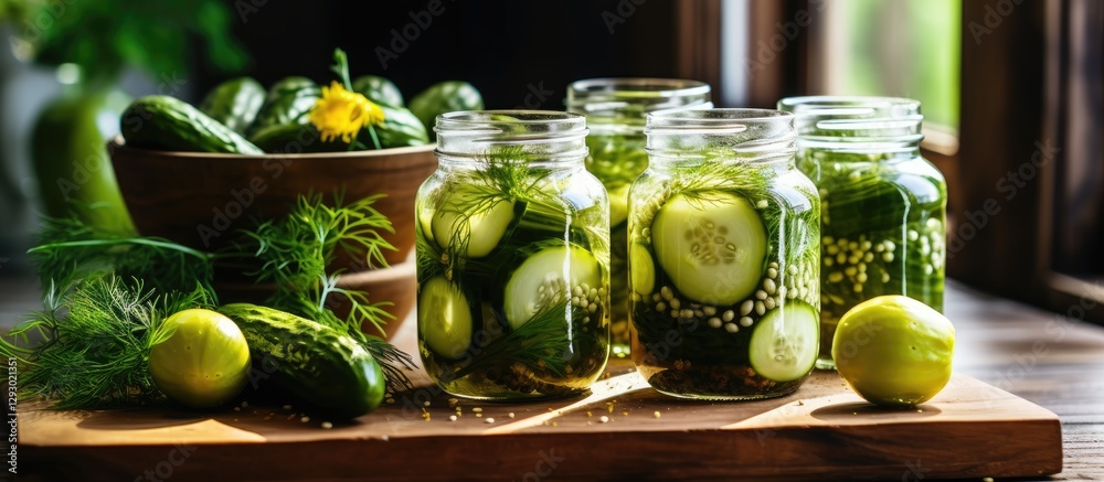Poster freshly preserved cucumbers in glass jars with dill and garlic on a wooden table against a bright wi