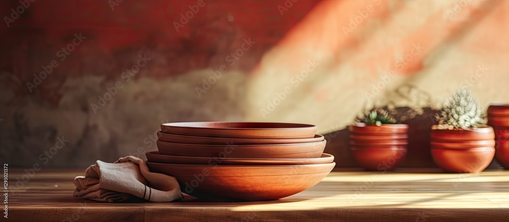 Aufkleber wooden bowls stacked on a rustic kitchen table with soft sunlight casting shadows and small potted p
