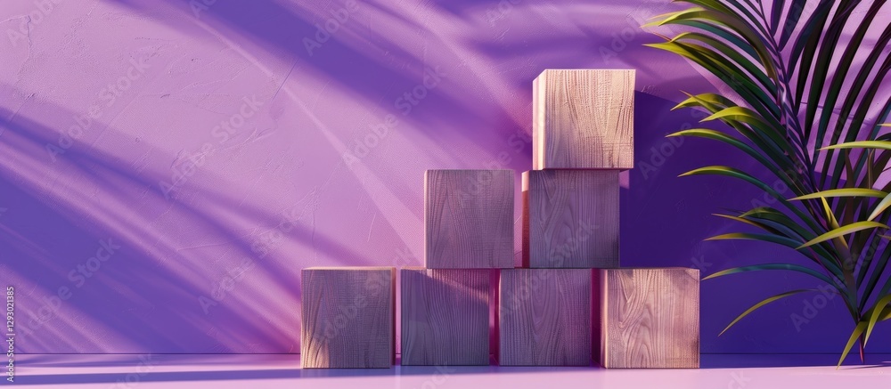 Poster wooden blocks stacked against a purple background with green leaves casting shadows, showcasing mode
