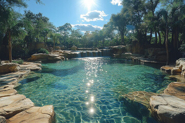 Obraz premium Sun-Kissed Turquoise Lagoon, A Serene Oasis Escape with Cascading Falls