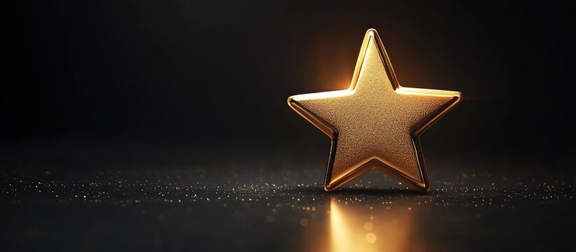 Golden star on a dark reflective surface with soft backlighting highlighting its edges creating a glowing effect, emphasizing luxury and elegance.