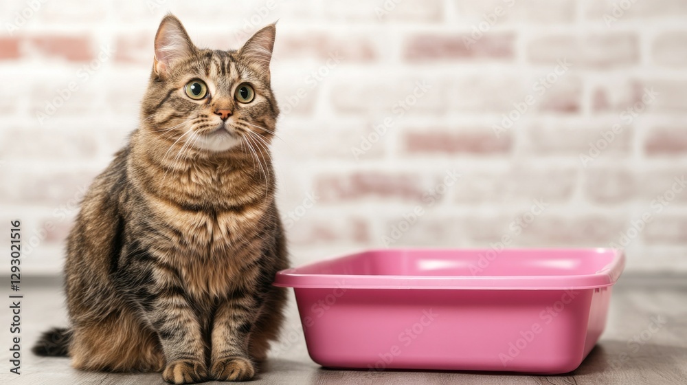 Poster A charming image of a cat sitting beside a litter box, with a slightly confused expression, showcasing the curiosity and antics of felines during playtime.