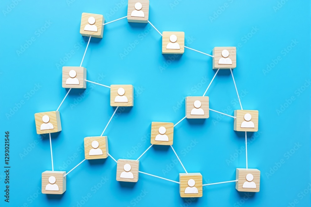 Poster wooden blocks with people icons linked by white lines on blue background. concept of social networki
