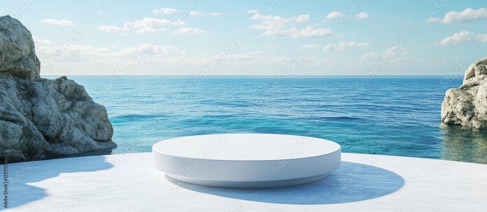 Aufkleber ocean view display with round white pedestal on calm azure water surrounded by graceful rocks and br