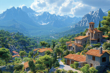Obraz premium Quaint Stone Village Nestled Amongst Mountains and Verdant Valley